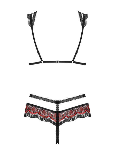 Роскошный комплект с прорезью Obsessive Megies set черно-красный S/M 83125 фото