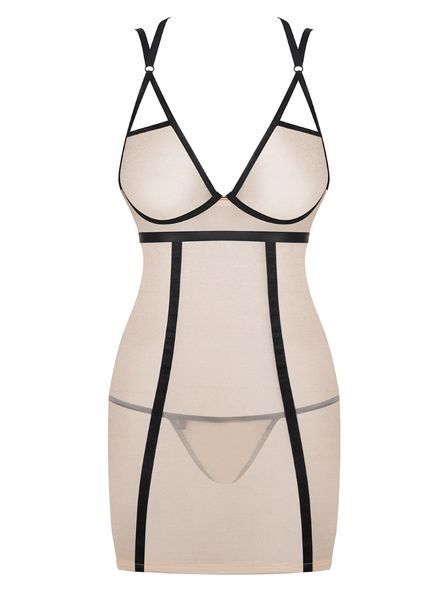 Сорочка з контрасними смужками Obsessive Nudelia chemise бежево-чорний S/M 86275 фото