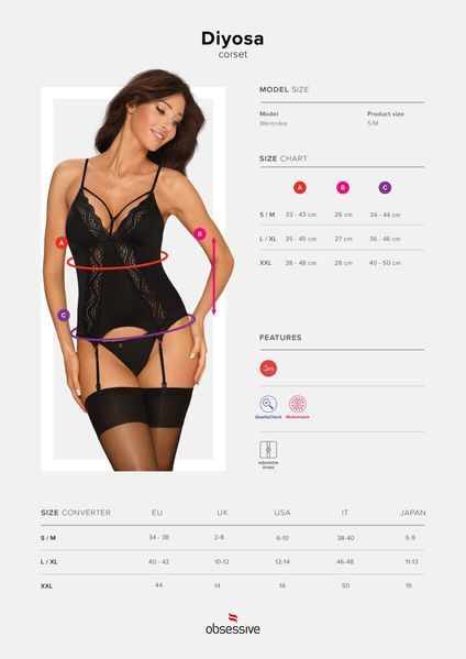 Атласний корсет із підв'язками Obsessive Diyosa corset чорний S/M 85478 фото