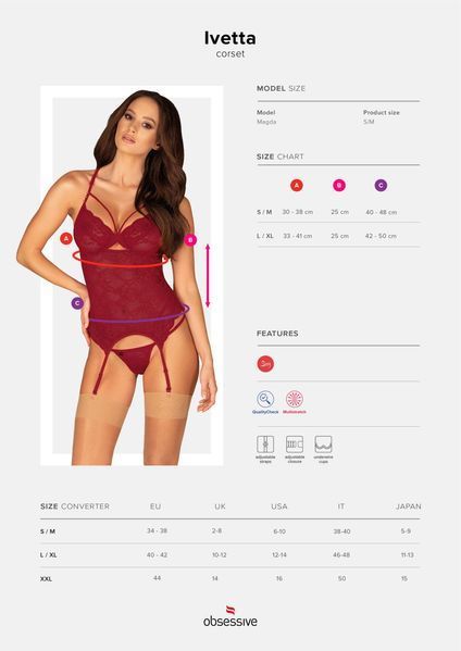 Мереживний корсет на кісточках Obsessive Ivetta corset бордовий S/M 85483 фото