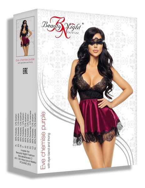 Мереживна сорочка з пов'язкою на очі Beauty Night Eve chemise бордовий S/M 78208 фото