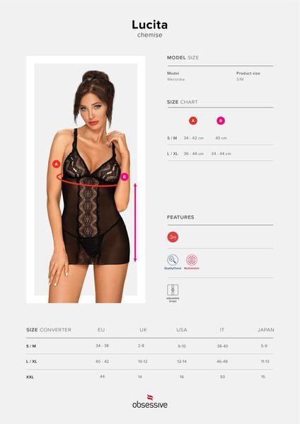 Прозора сорочка з мереживною вставкою Obsessive Lucita chemise чорний S/M 85487 фото