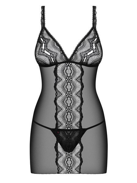 Прозора сорочка з мереживною вставкою Obsessive Lucita chemise чорний S/M 85487 фото
